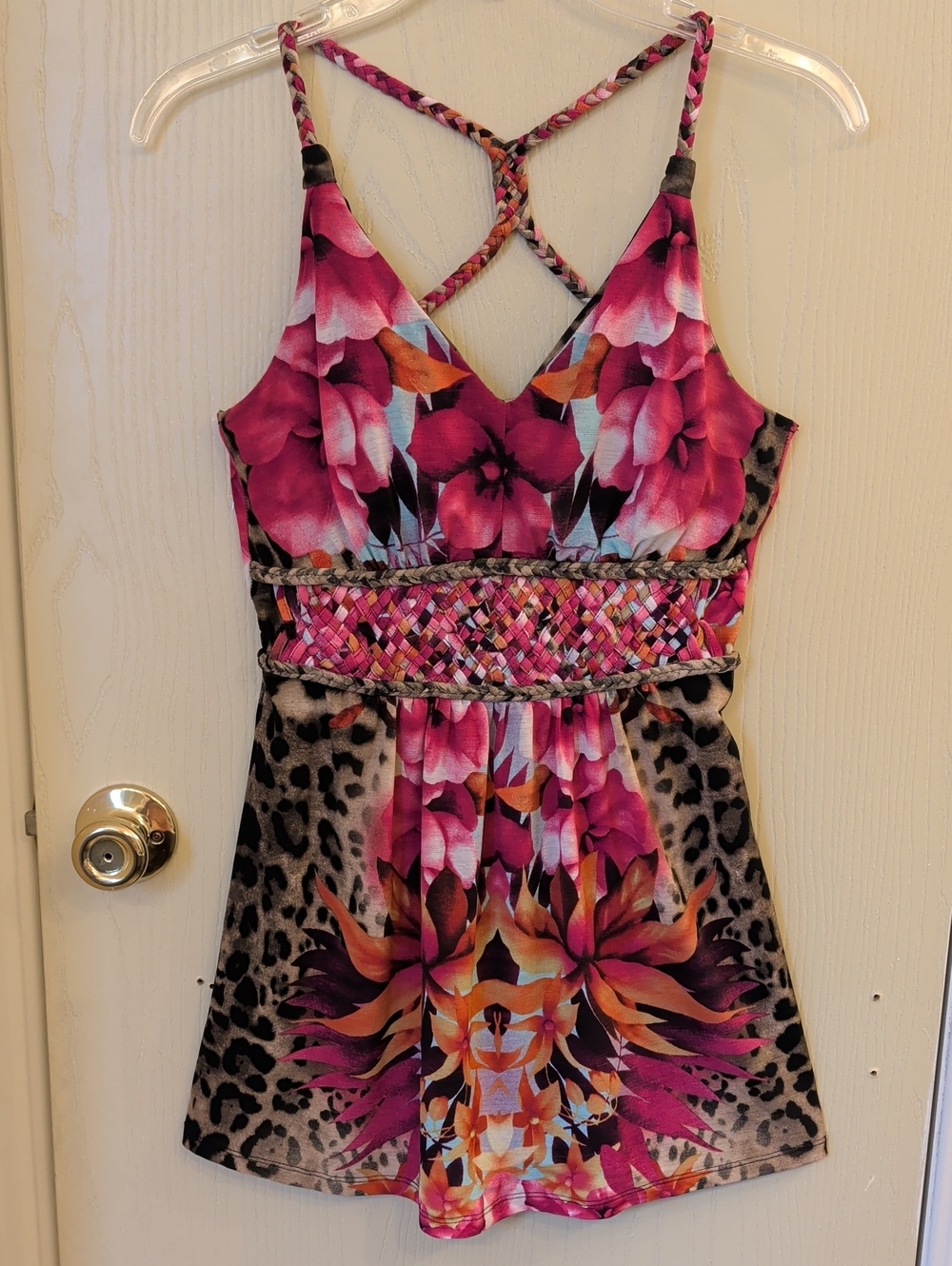 Bold Floral Leopard Print Halter Top | Pink Tropical Boho Y2K Summer Small